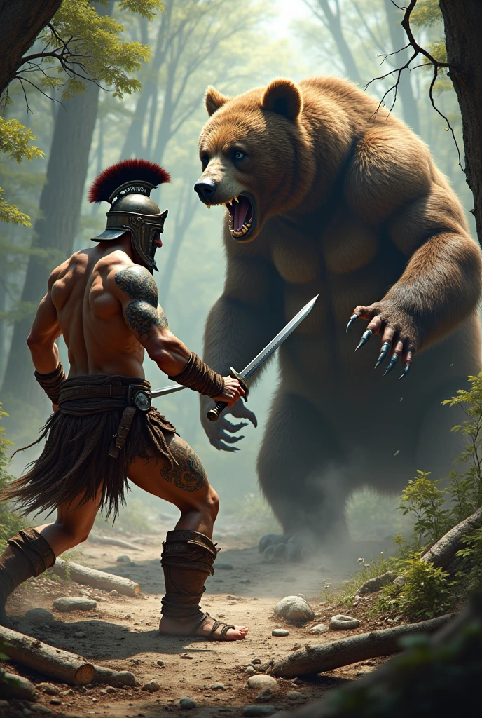 create a barbarian with a roman helmet ,with a sword in hand,fighting a wild bear,realistic tattoo style in high definition.