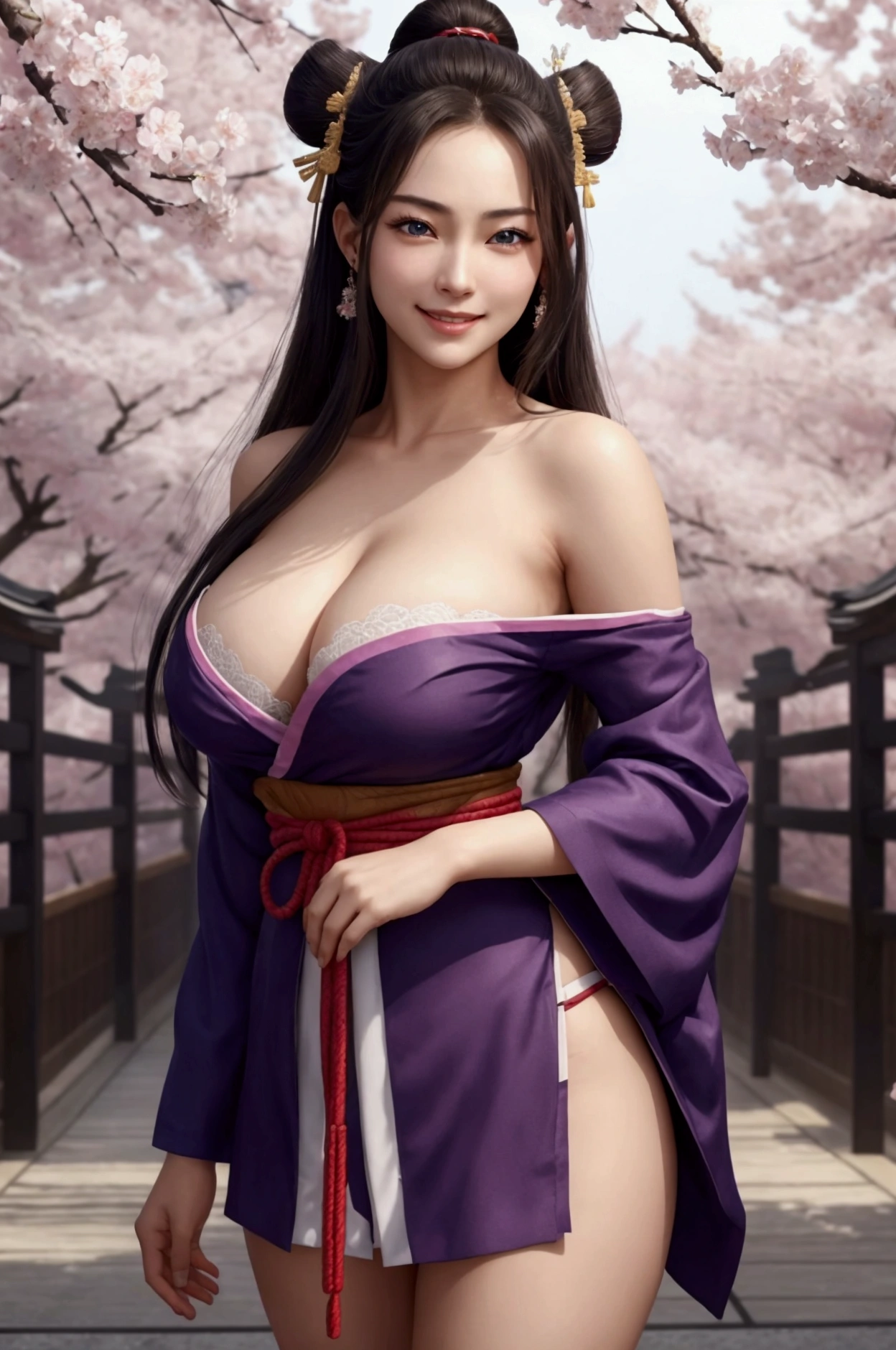 (Photorealistic:1.5, 8k, Highest quality, masterpiece, Ultra-high resolution), sengoku, God's Secret:1.3, Highly detailed skin and facial textures:1.3, Beautiful female samurai holding a Japanese sword:1.1, Very large breasts、Sexy beauty, Perfect Style, god, Fair skin, Very beautiful face, (Mid-chest, Chest gap), (Embarrassed smile, Her facial expression when she felt intense caressing, Facial expressions when feeling happy), (Let me's wear the sexy sengoku uniform:1.1, Off the shoulder), (Beautiful Blue Eyes, Beautiful erotic eyes:0.8), (Too erotic:0.9, Fascinating:0.9), Full Body Shot, Japanese god company in the background、Cherry Blossoms at Night