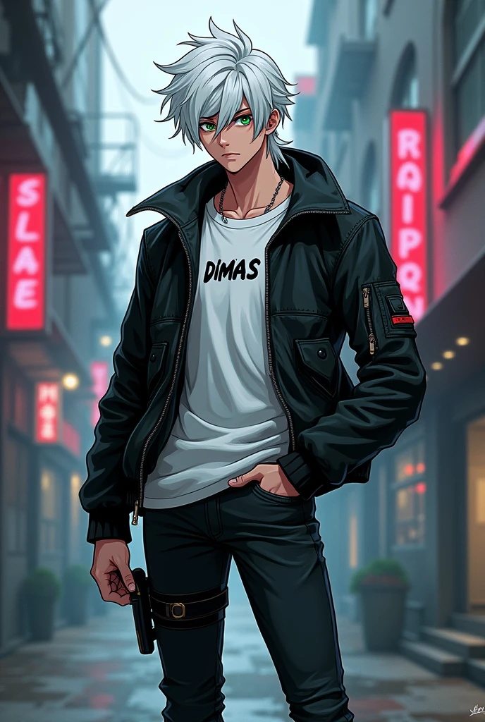 Erkek cocuk, pele caucasiana, 20 year, White hair, wearing black jeans, wearing black boots, White T-Shirt and her name 'DIMAS' has written on that with black aviator jacket, greeneyes,curved body, cocked ass, cyberpunk atmosphere, Raby, アニメ, Mullet, upper body