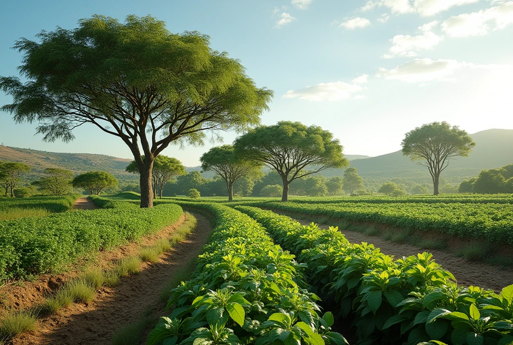 A detailed landscape image of an 86-hectare sustainable farm in South Africa, designed with an innovative 'Trees as Natural Greenhouses' concept. The farm features a variety of agroforestry elements, including tall Moringa, Sesbania, Gliricidia, and Leucaena trees creating a canopy layer. Beneath these trees are sub-canopy layers with fruit trees and shade-tolerant crops like coffee and cacao. The ground layer showcases high-value crops like turmeric, garlic, ginger, and cover crops. Smart sprinkler irrigation systems are visible, providing water to the crops, with tree roots integrated into the system. The landscape shows a mix of open fields and densely planted areas, with clear biodiversity, including insectary plants and managed beehives. The farm appears lush and thriving, with a backdrop of natural terrain, and the sky is clear with soft clouds.