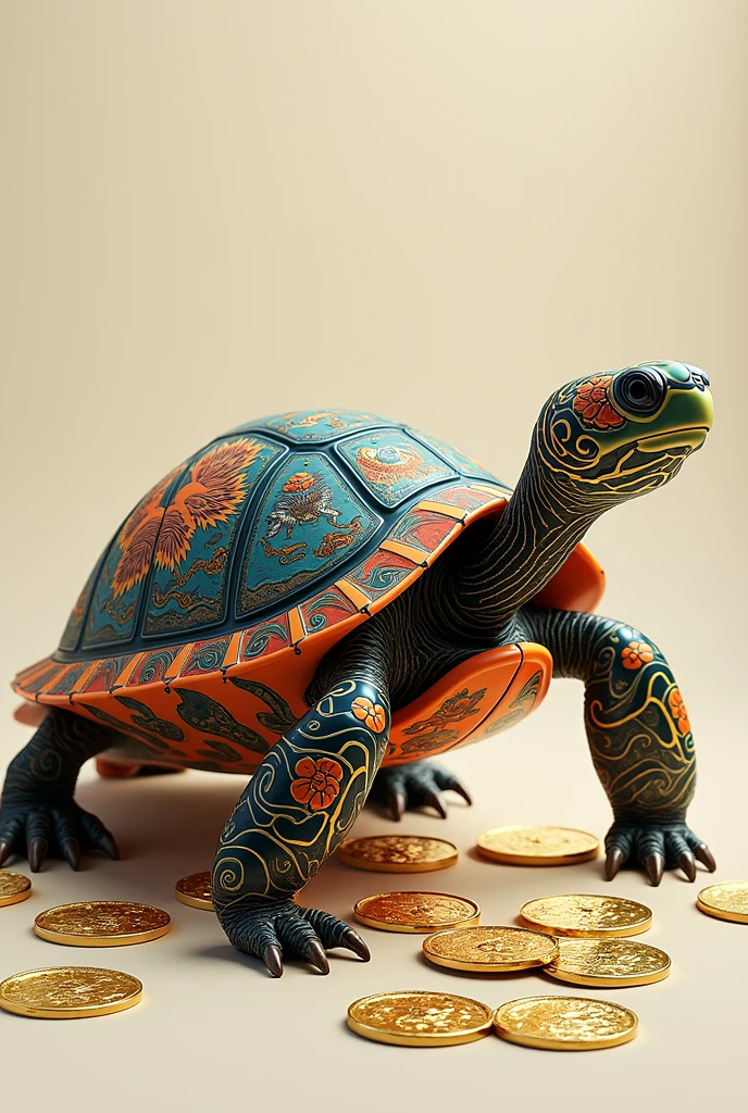 Turtle with Japanese style tattoos with gold yen coins