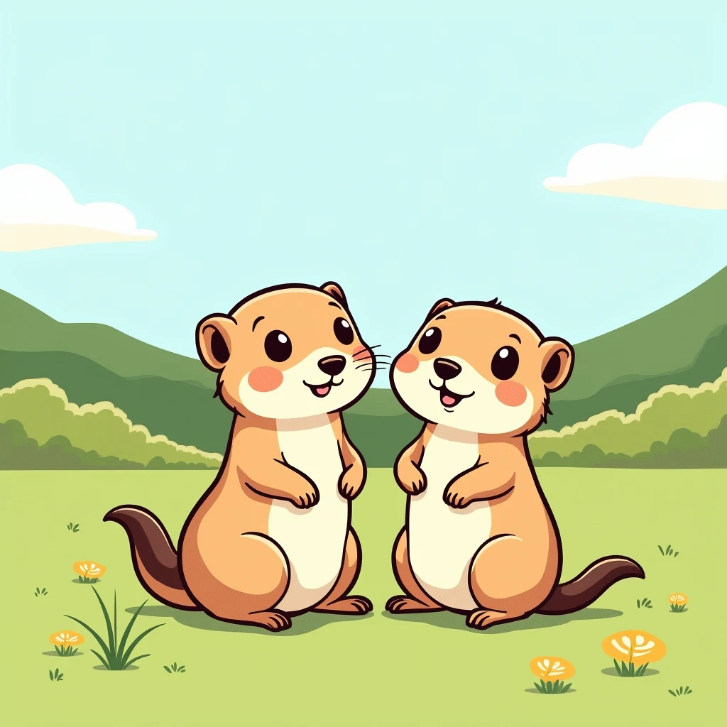 Chibi Style, 2-panel cartoon, dot halftone, Flat Color, Prairie Dogs and Richardson&#39;s Ground Squirrels,Two of them tilt their heads,