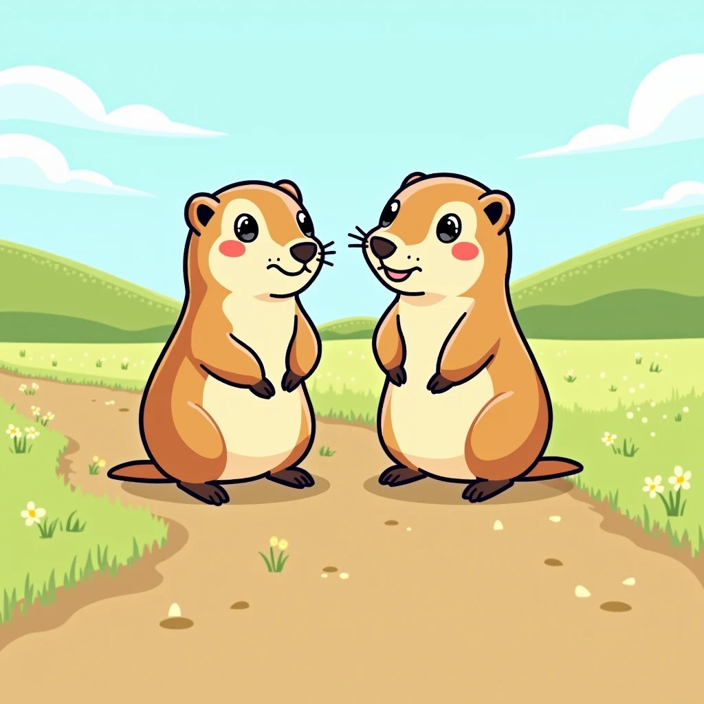 Chibi Style, 2-panel cartoon, dot halftone, Flat Color, Prairie Dogs and Richardson's Ground Squirrels,Two of them tilt their heads,