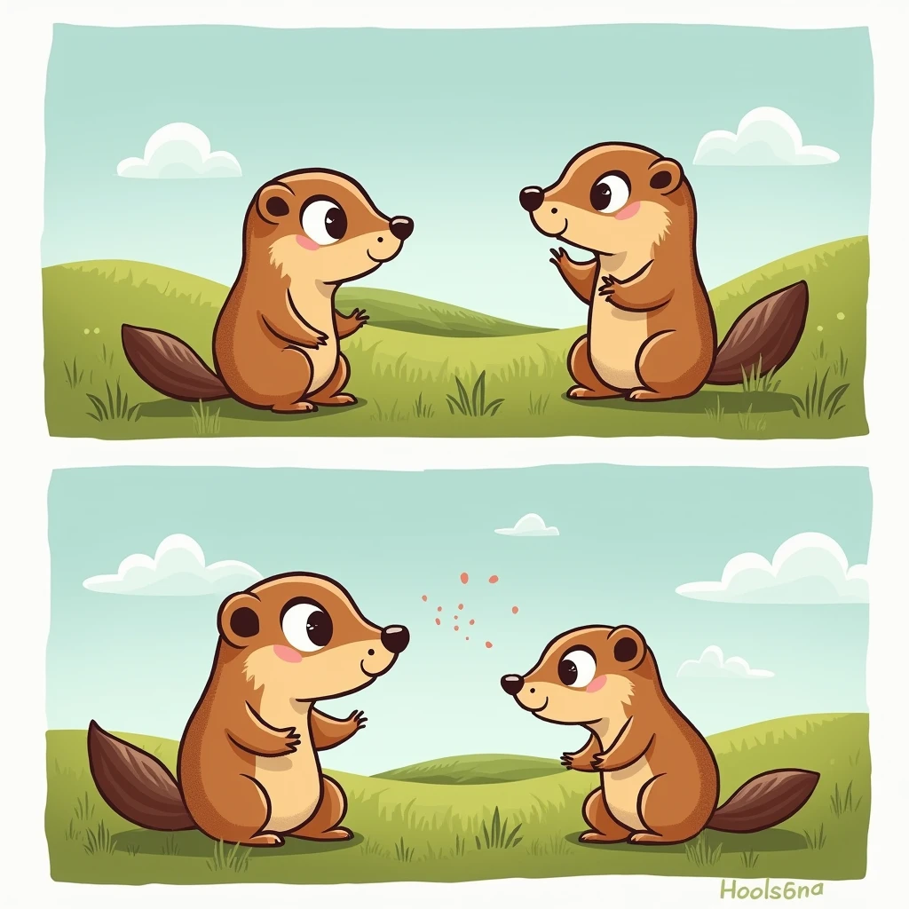 Chibi Style, 2-panel cartoon, dot halftone, Flat Color, Prairie Dogs and Richardson's Ground Squirrels,Two of them tilt their heads,
