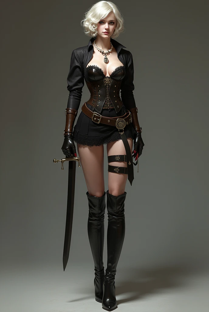 short hair, Wavy.
face, clear skin, dark eyes.
outfit, short dress, with cheeks, lace details, leather corset, long boots.
Accessories, pearl necklace, pendant, form, compass, belt with sword.
Attitude, Posture, Raised, elegant.
Whole body. 