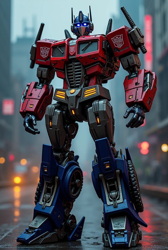 a highly detailed cyberpunk mecha figure, Optimus Prime in his robot mode, detailed mechanical parts, intricate armor, strong dynamic pose, dramatic lighting, cinematic composition, glowing energy effects, hyper realistic, photorealistic, 8k, best quality