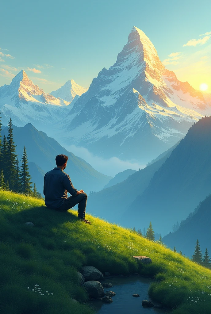 A man sitting on the top of green hill looking at the mountains view with sunrise
