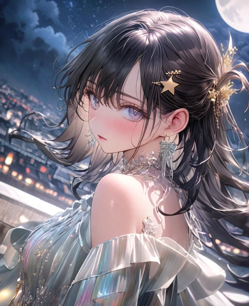 8k,Ephemeral beauty，Very delicate and beautiful,Beautiful and realistic skin,Shiny Hair,Glossy Black Hair、Long and colorful hair,Beautiful Eyes,Beautiful night sky、full moon、shy、White frilly outfit、ＮＯhair accessory、 Hair half up、Star Pin、Earrings