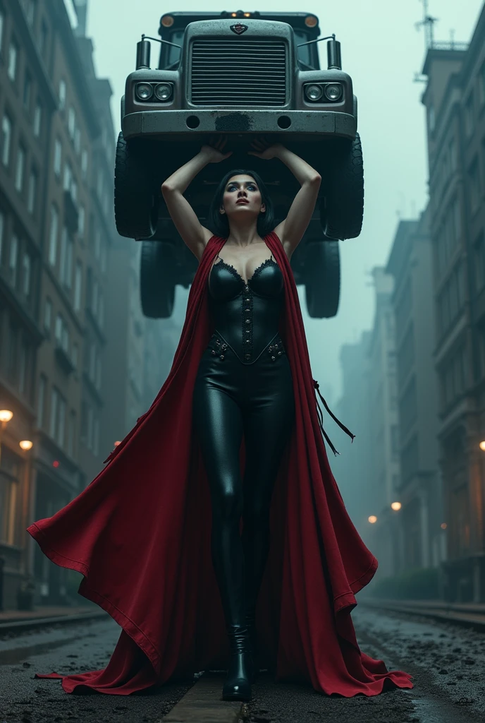 Dark short haircut blue eyes vampire gothic girl under eternal death entranced  beauty big boobs big butts muscled tall giantess BBW  stockings short red cape levanta un camión gigante por encima de su cabeza con una mano sola fácilmente 