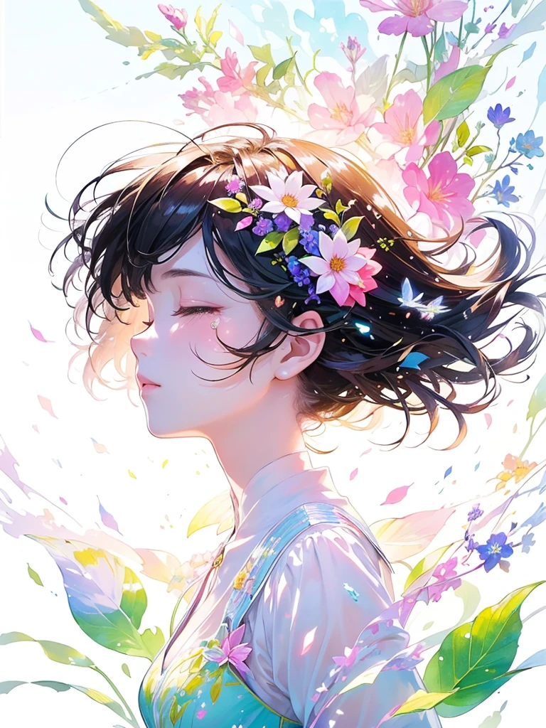 (masterpiece、Highest quality、Highest quality、Beautiful and beautiful:1.2)、Excellent anatomy、（Watercolor painting 1.5）、Long Shot、straight short hair images、Trendy Hair Color, Beautiful Face、Beautiful profile, Look up at the sky, I close my eyes and pray, A tear running down my cheek,Fairy, 蝶のFairyのコスチューム、Pure white、Pure、charm, Colorful flowers of different colors, Flower and leaf wind、Botanical Art,