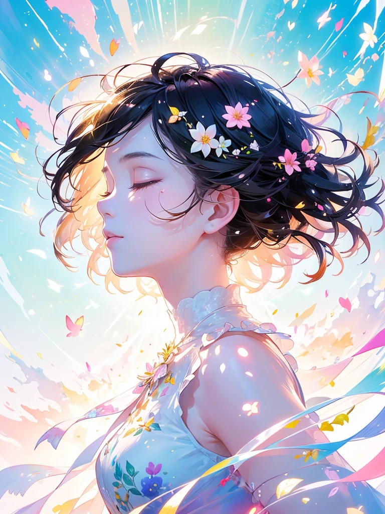 (masterpiece、Highest quality、Highest quality、Beautiful and beautiful:1.2)、Excellent anatomy、（Watercolor painting 1.5）、Long Shot、straight short hair images、Trendy Hair Color, Beautiful Face、Beautiful profile, Look up at the sky, I close my eyes and pray, A tear running down my cheek,Fairy, 蝶のFairyのコスチューム、Pure white、Pure、charm, Colorful flowers of different colors, Flower and leaf wind、Botanical Art,