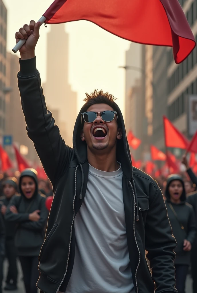 A young man with the hood of his hoodie with a zip and a white T shirt holding a banner in a revolution. Wearing a ray bin Glasses 