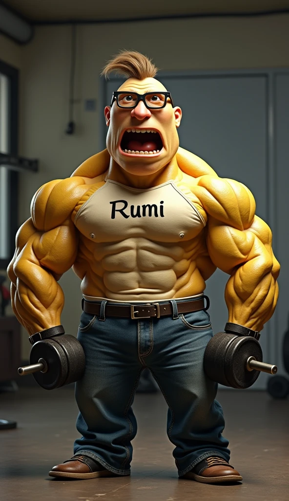 Clear, Here is a more specific version:
"A minion style character, similar to the funny little yellow creatures from the famous movie franchise, but in an extremely muscular version. This minion has an exaggeratedly strong body, with muscles so big that the veins stand out clearly on his arms and chest. He is lifting weights with an expression of intense effort on his face., showing that weight is challenging, but his determination is unwavering. The image is seen from a frontal position and is designed in a realistic style with touches of pop art., ideal for a t-shirt. The word 'RUMI' can be read on the T-shirt the minion is wearing.."
