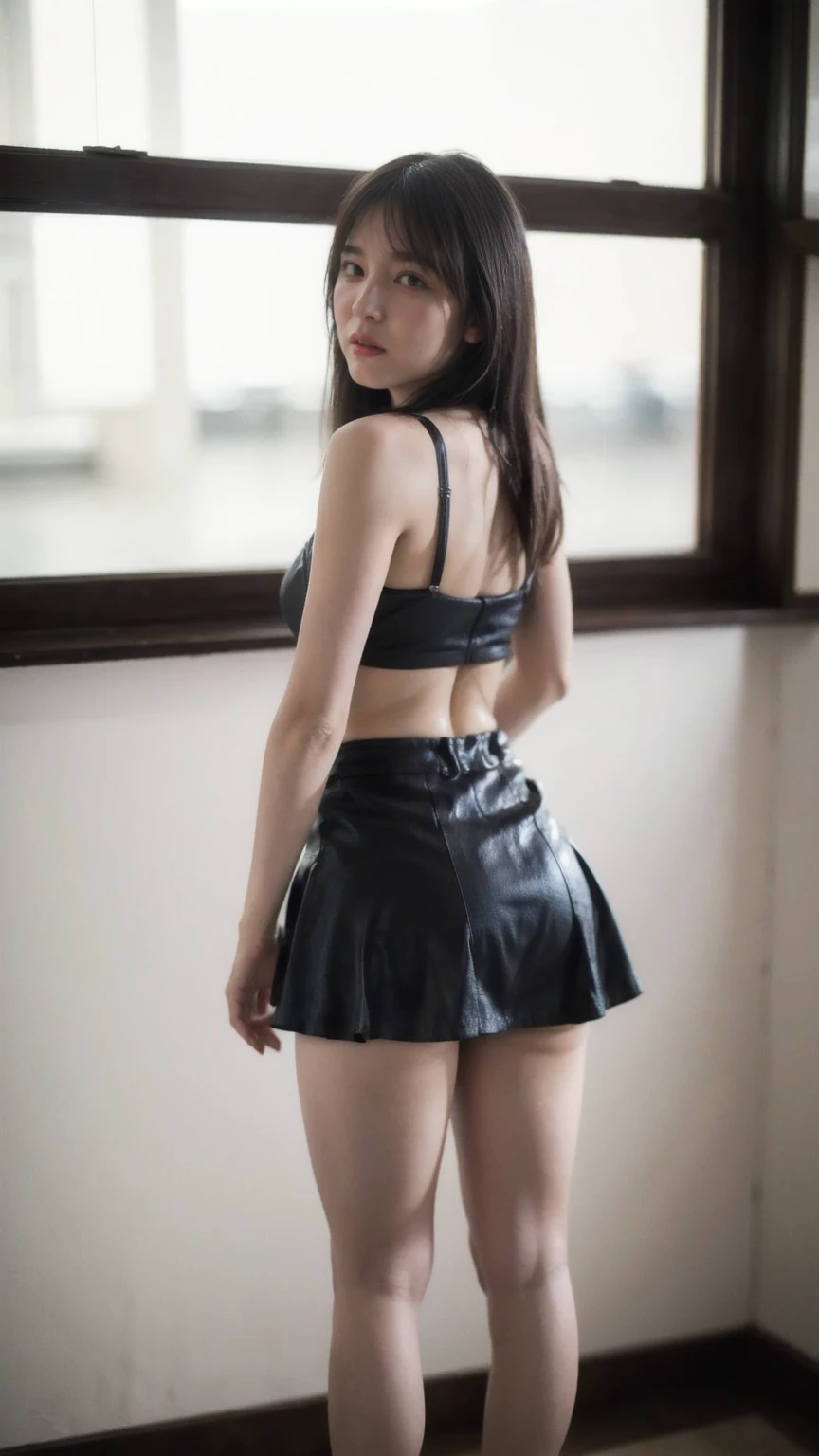 ((1girl)), woman, masterpiece, best quality, highest quality, cinematic lighting, (volumetric lighting), extremely detailed CG unity 8k wallpaper, focused, 8k wallpaper, extremely detailed, ultra realistic, photorealistic, sharp focus, absurdres, (HDR:1.2), (high contrast), photograph, detailed and intricate, instagram, portrait, highly detailed, digital painting, artstation, concept art, smooth, sharp focus, illustration, cinematic lighting, (big breast:1.3), (((skinny, slim legs))), (japanese idol posture), (wearing knit strap tanktop, micro skirt, open legs), looking at the viewer, ((Medium body shot, hips level shot)), long hair, (looking back over shoulder), pale skin:1.2, (bent over), touch ass