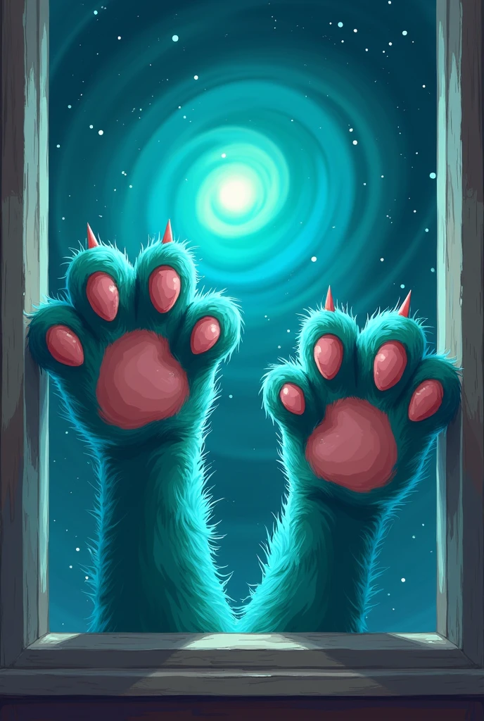 paws sticking out of a window, cute cat feet, paws, paw pov, furry paws, holding paws, paw pads, showing their paws to the viewer, furry paw pov art, claws extended, claws are up, furry paw, paw art,!!!! Cat!!!! turquoise cat, turquoise galaxy background