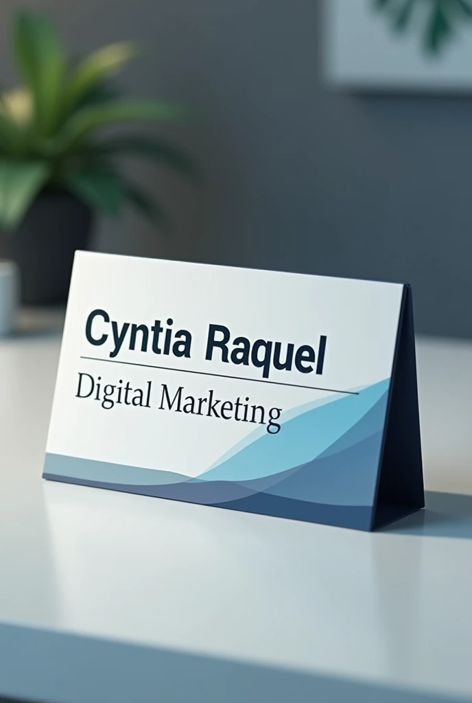 Create a badge on the table with the name Cyntia Raquel and the profession digital marketing with a focus on the professional badge