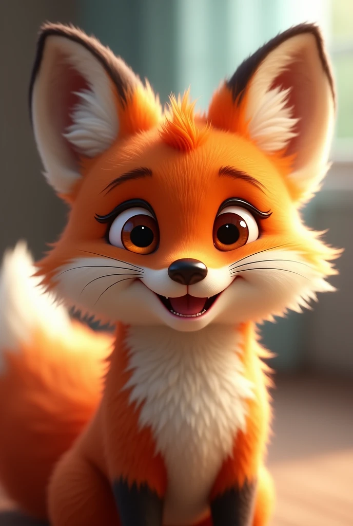 Create a close-up image of an adorable
fox smiling, facing the camera with a zoomed-in perspective. The animal should have a cute and expressive face, resembling the animation style of Pixar by Disney, with large, shiny eyes and a joyful smile. The background should be blurred to emphasize the animal's face. Each animal should appear friendly and endearing, with soft fur or feathers and bright, cheerful colors."