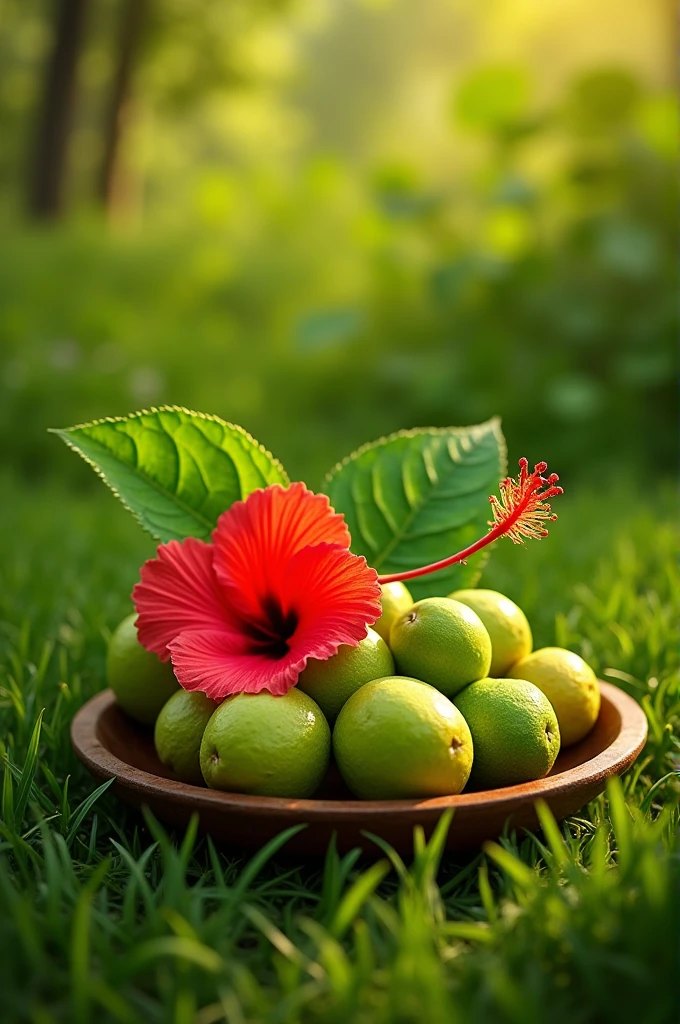 Create a photo with amla and curry leaves a hibiscus flower and some grass on the bottom