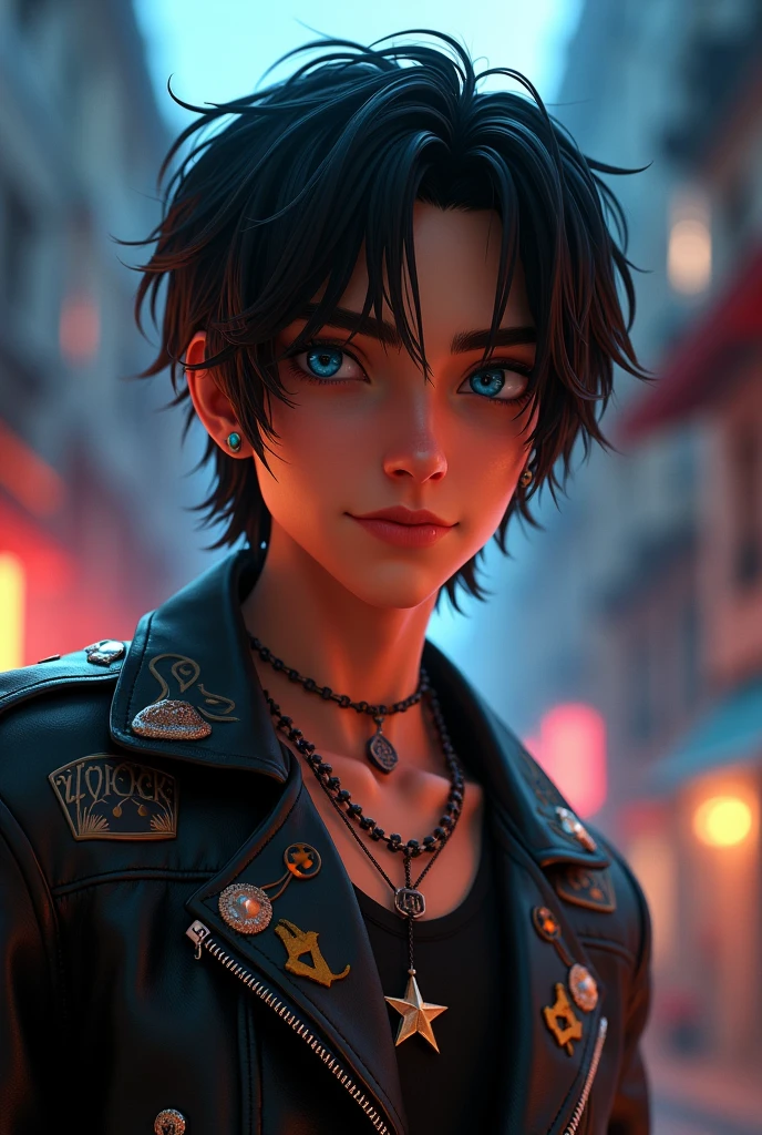 create a brazilian man, with alternative rock style, with straight black hair,blue eyes , I want an animation video of them