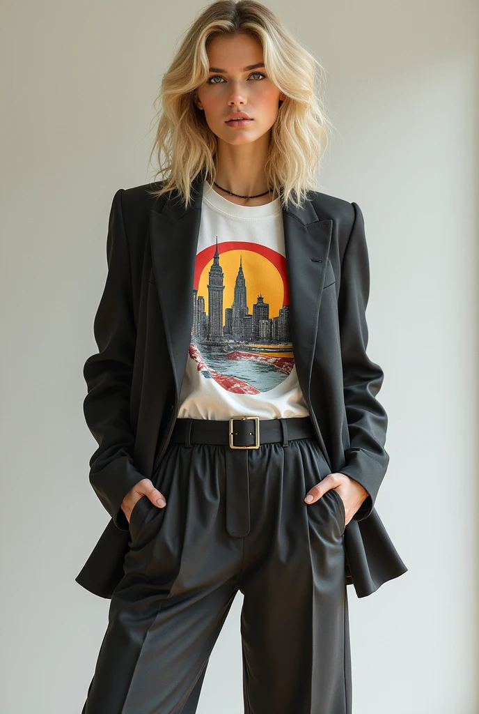 "A trendy blonde woman in a graphic t-shirt of a famous landmark, layered under a fitted blazer with oversized trousers."
