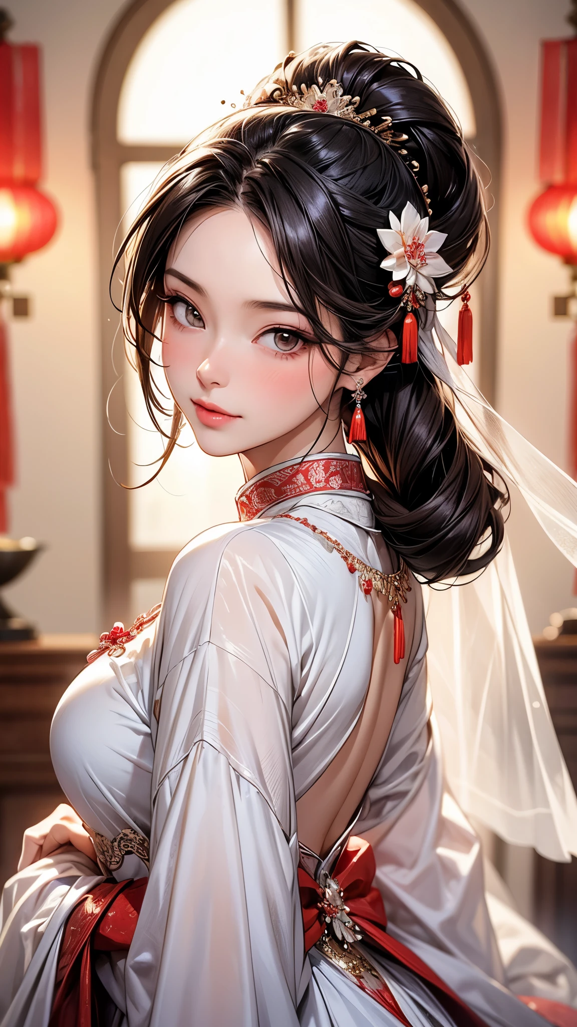 best qualityer, work of art, 1 girl,Chinese Wedding Dress,hair ornament,necklase, jewerly,beautiful face, blush, looking ahead at viewer