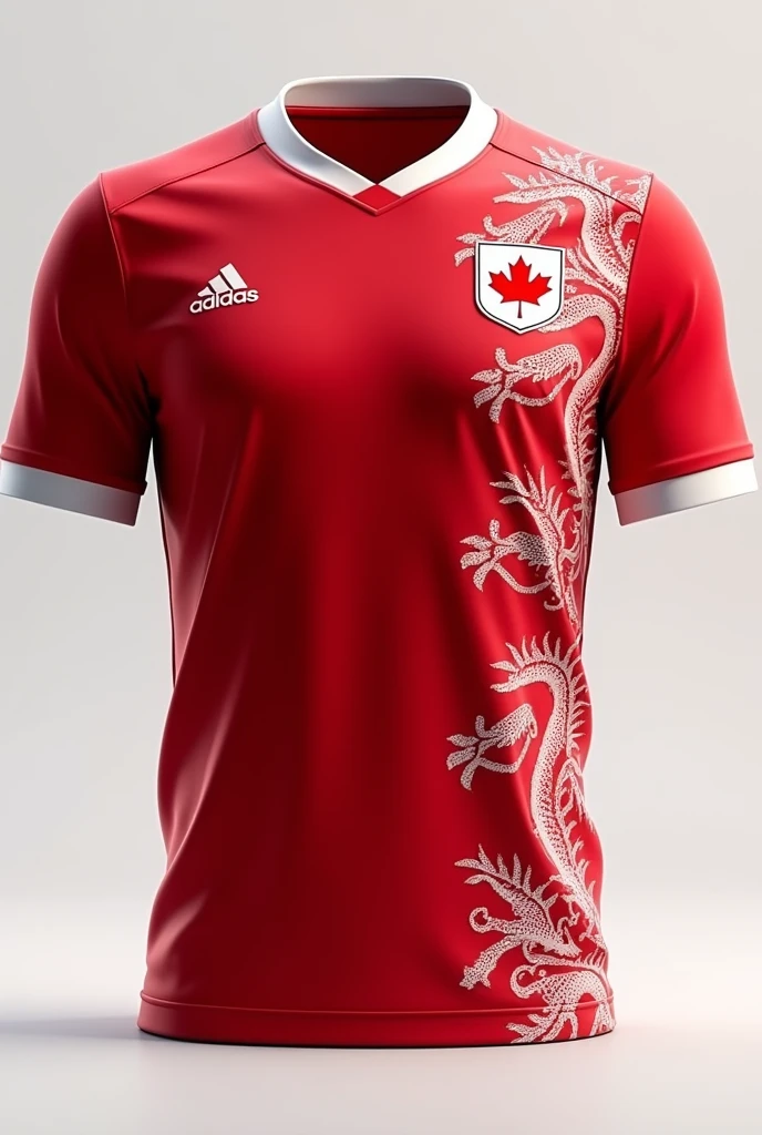 Red Canada soccer jersey with white details featuring a corner dragon