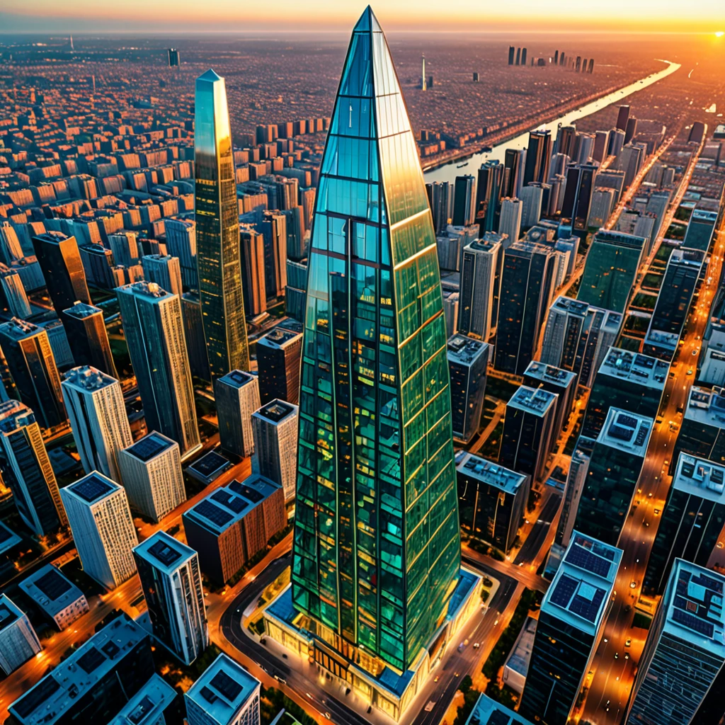 very gigantic glass apartment skyscraper, obelisk shape, solarpunk style, aerial view, ultra detailed,HD,8k,soft lighting