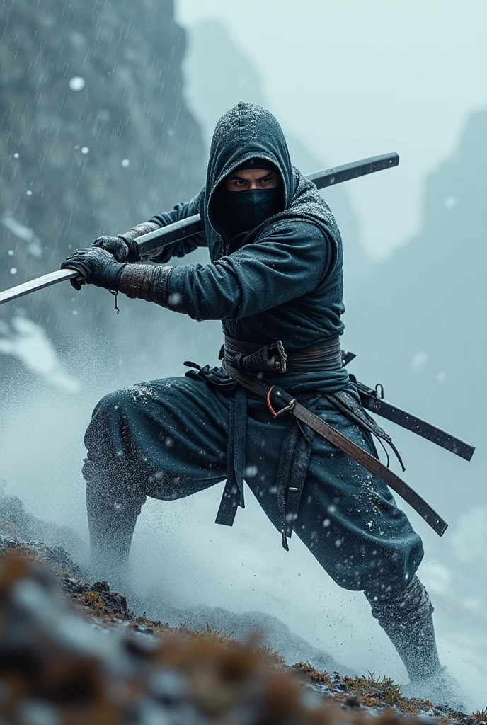 A ninja fighting with a harsh weather 