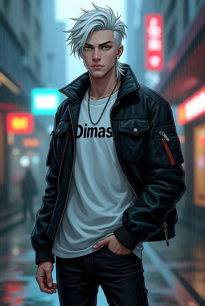 Erkek cocuk, pele caucasiana, 20 year, White hair, wearing black jeans, wearing black boots, White T-Shirt and her name 'DIMAS' has written on that with black aviator jacket, greeneyes,curved body, ed ass,berpunk atmosphere, Raby, アニメ, Mullet, upper body, Anime Style,