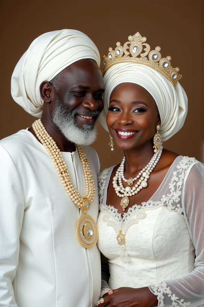 Elderly African couple dressed in white with jewelry and crown