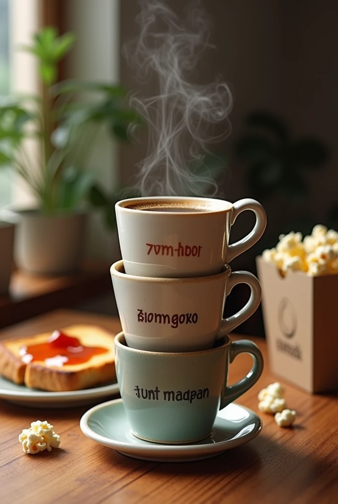 Moccapot brew coffee on to a three-layered cups. Each cup has a name printed on it says
Kintat-Abol, Kintat-Bereka and
Kintat-Tonana.
With full of coffee steam in the air. Toasted bread and jam spread on it. Popcorn with box at the back.