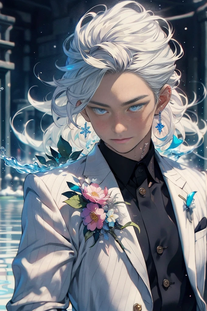 Realistic, (masterpiece, high quality, best quality, formal art), very detailed, colorful, most detailed, gods, short,, handsome man, snowflake, water magic, milky white skin