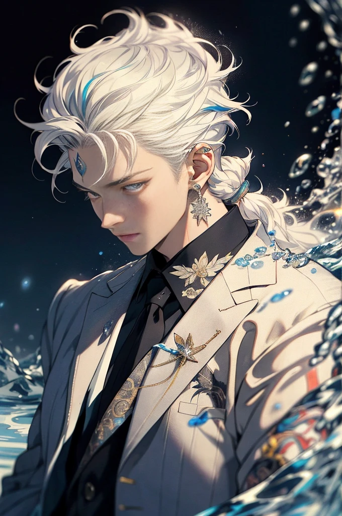 Realistic, (masterpiece, high quality, best quality, formal art), very detailed, colorful, most detailed, gods, short,, handsome man, snowflake, water magic, milky white skin