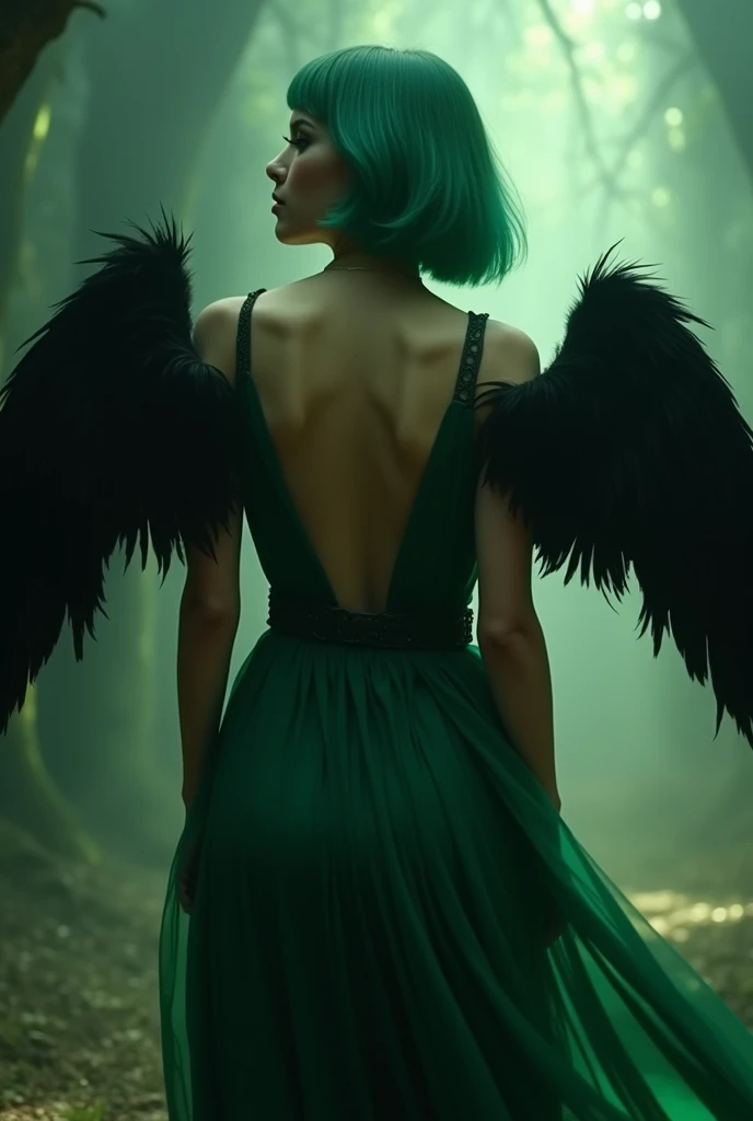 Hyperealism cinematic film still 8k highly detailed and realistic . In a mystic setting, taking style of Lilith, in the more subtle way, featuring a women,bob hair,natural big breast, anatomy perpect,full body of europian, green hair, back view, green dress with black feathered wings, outer ambience with dark light settings