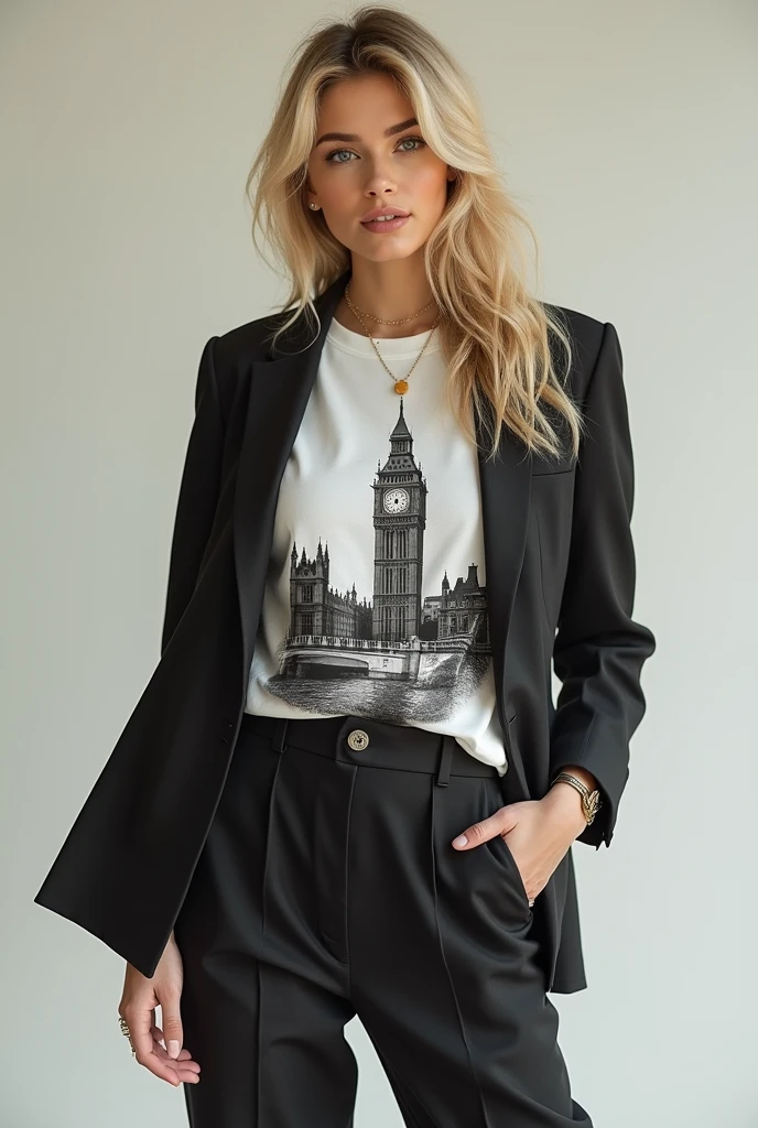 "A trendy blonde woman in a graphic t-shirt of a famous landmark, layered under a fitted blazer with oversized trousers."