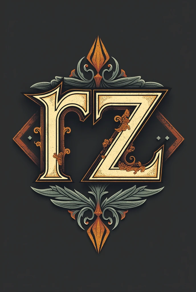 a distinct, vintage and classic styled logo that can be utilized on clothing and jackets, specifically positioned on the front center. The design should be unique and eye-catching, yet suitable for a timeless, vintage aesthetic. Key Design Elements: - The logo should incorporate geometric shapes, abstract symbols, and a text-based design that includes the letters "RZ". - The design should be modern and minimalist in terms of simplicity, yet still bold and vibrant to stand out. -the logo should have a color theory which represents luxury with R and Z letter being incorporated in a shape
