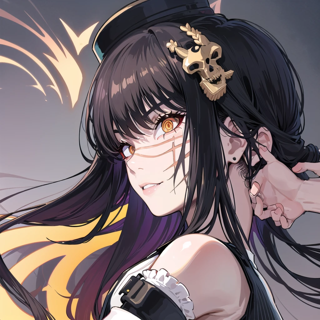 The character’s face should have a youthful, androgynous appearance with a pale, smooth complexion. The face is finely sculpted with sharp, defined features. The character’s expression should be serious and composed, with a subtle smirk that hints at a deeper, confident personality. The eyes are large, with sharp, focused amber irises that almost seem to glow, adding intensity and a sense of calculated intelligence to the character's gaze. The character's gaze is directed forward, locking eyes with the viewer, creating a piercing, intense connection. The character has a distinctive, thin scar that runs horizontally across their right cheek. This scar should be highly detailed, appearing as a slightly raised line, pale against the skin, suggesting it’s an old, healed wound. The scar should be straight and clean, as if made by a sharp blade. It should add a layer of mystery to the character, hinting at a past filled with conflict or danger. The hair is jet-black, straight, and smooth, styled into a sharp, angular bob that frames the face perfectly. The bangs are straight and end just above the eyebrows, with a few loose strands adding realism and motion. The rest of the hair falls to just below the ears, tapering into precise points. The hair should be highly detailed, with individual strands reflecting light subtly, giving it a sleek, shiny texture. Ensure the hair looks soft and well-groomed, complementing the character’s sharp, clean appearance. The character wears a black military-style cap that fits snugly on the head, slightly tilted forward. The cap is deep black with a subtle, glossy finish, and it should bear a small, stylized skull emblem at the front, replacing any offensive symbols. The cap's brim casts a small shadow over the upper part of the face, enhancing the character's mysterious and intense expression. The character is dressed in a dark, SS-style military uniform, similar to Nazi Germany's but with all offensive symbols replaced by a stylized skull
