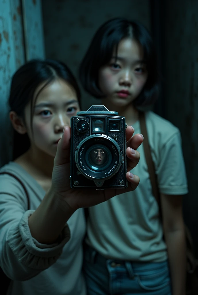 Three asai teen student, 3 Woman 1 Man in middle of the night they can capture scary woman in fram of the old camera that one of them hold