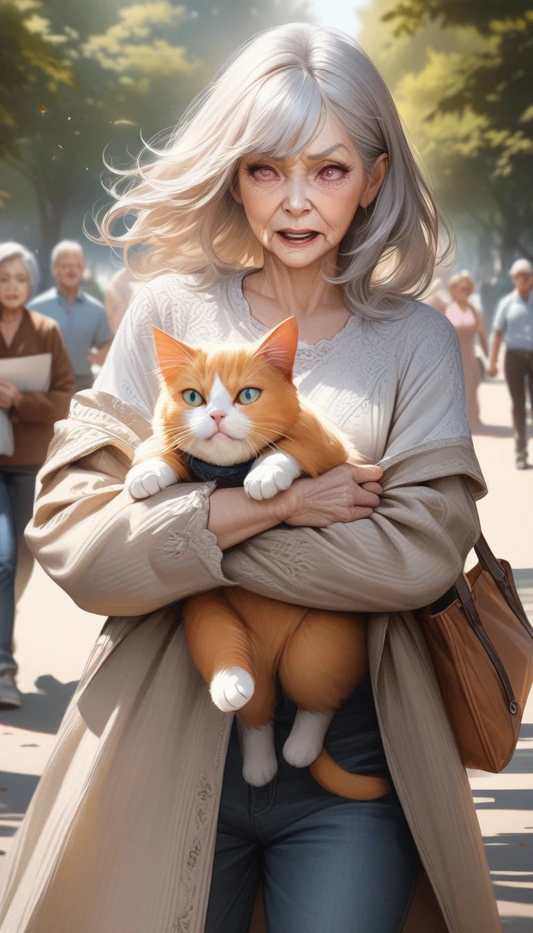 High quality, ultra-realistic and highly detailed colors, fine details, delicate lines, an elderly woman with white hair, carrying her fluffy orange cat expression of boredom, of complaint with angry eyes walking in the park