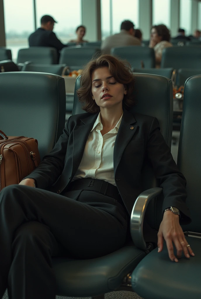 A tired elegant woman sitting on the airport chairs with all her stuff