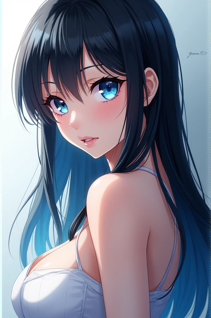 anime: women, black hair with light blue tips, blue eyes, big bust, Skinny body