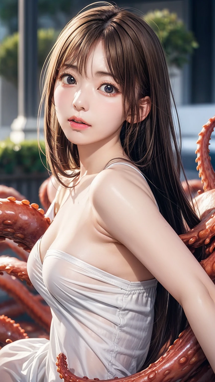 Woman attacked by monster tentacles、Kissing Face、Highest quality, masterpiece, Ultra-high resolution, (Realistic:1.4), ) RAW Photos, 1 caucasian girl, 2,Slender body,)), Realistic pictures,  ,、whole body、Disheveled clothes、, Beautiful Skin、Immaculate skin、、Violated by slimy tentacles、Attacked by multiple tentacles、Sleep on your back:1.4、Tentacles penetrate deep into the female genitals、Tentacles wrapped around chest、、、Beautiful fingers、Exposing shoulders、Crying face、Flat cleavage、fall in love、The Female Knight in Prison