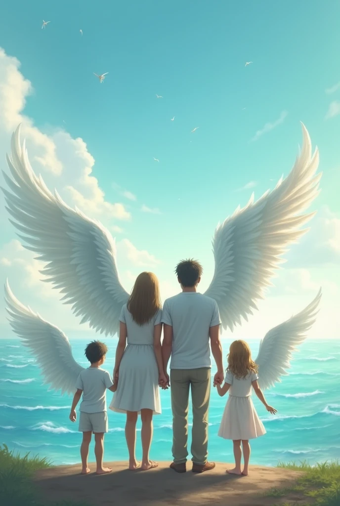 Father, mother, son, daughter, son, son facing the sea in wings