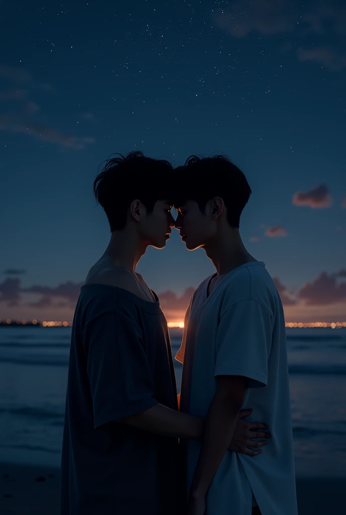 (photorealism:1.2), silhouette shadow of 2 handsome Asian boy hugging together nude no clothes, standing on the night beach, wearing loose off-shoulder tops, short hair under the short cut, a night with a lot of star stars, soft lighting, dark sea, dark night and a lot of stars is background, relaxed pose, realistic, intricate details, warm colors