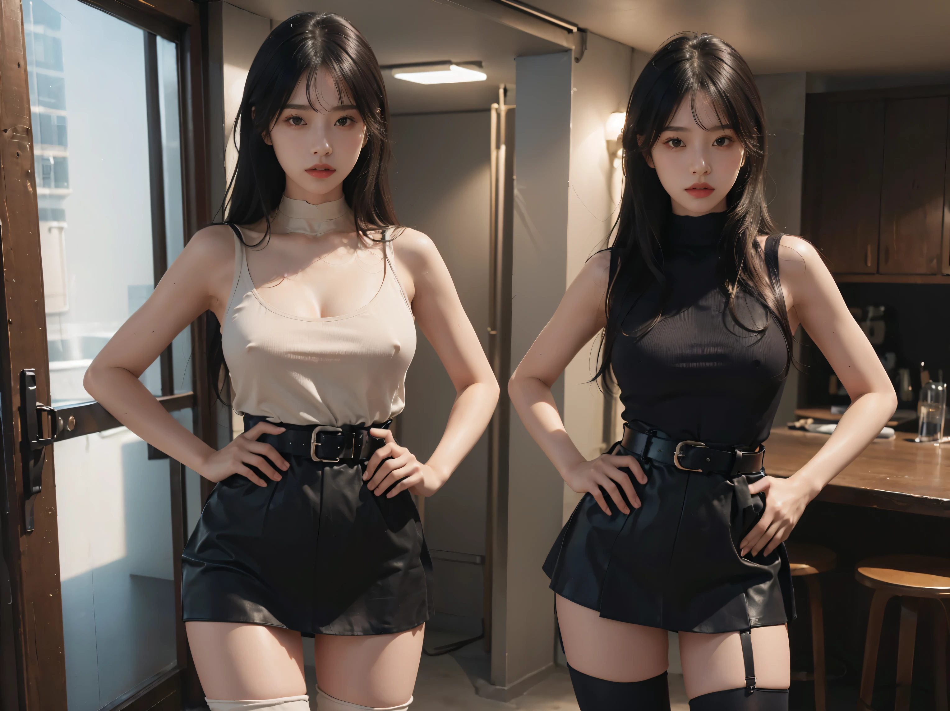 (8K、RAW Photos、Highest quality、masterpiece:1.2)、(Realistic、Realistic)、1 Girl、((、Bodysuits、black、Thin legs、whole body、mini skirt、tights、boots、basement、View from the front、Looking into the camera、belt、Stand with hands on hips))、cute