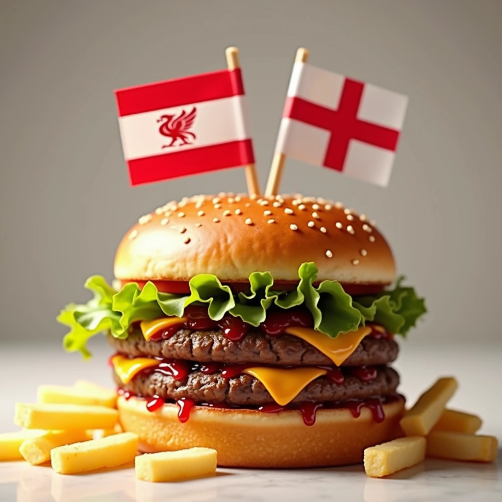 Hamburger with Liverpool flag On top of the front of the bread There are french fries on the side.