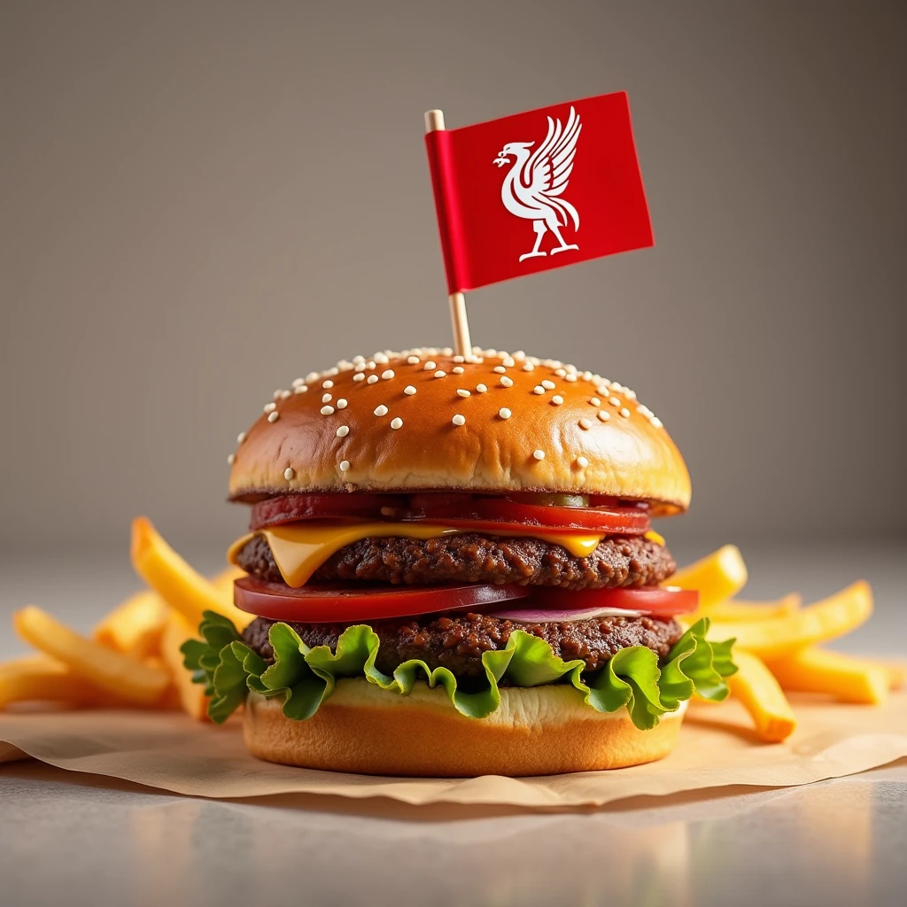Hamburger with Liverpool flag On top of the front of the bread There are french fries on the side.