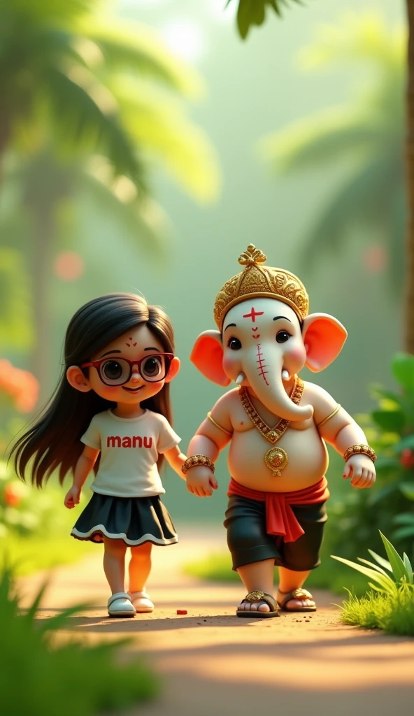 Create a 3D rendered image of a Child girl with long, flowing hair, wearing sunglasses and a white T-shirt with the name 'Manu' printed on it and Black skirt. The girl is holding hands and walking with a cute, anthropomorphic version of the Hindu deity Bal Ganesha. Ganesha is depicted with a white, slightly chubby elephant head, adorned with traditional jewelry and a crown. The background is a serene, green, garden-like environment with soft lighting, creating a warm and peaceful atmosphere.