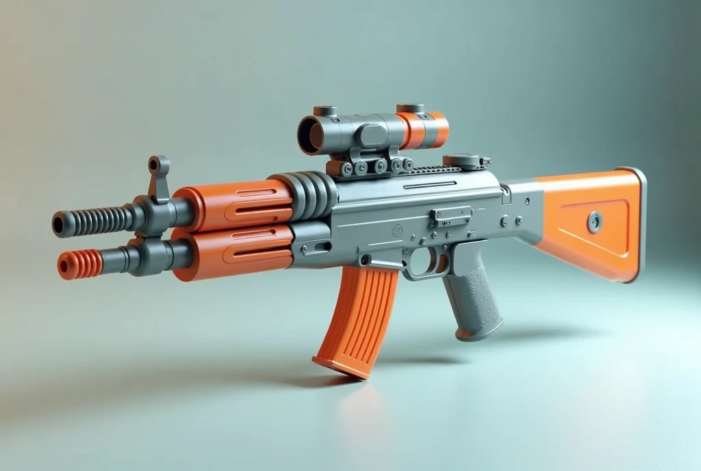 Mini double water gun toy，Integrated rifle mount，Q version，Magazine and scope，(Similar structure to AK47)，(Double muzzle:1.3)，Smooth lines，Plastic material，Three-color Morandi color matching，high quality，Professional Product Photography，Table background，3d, OC Rendering，