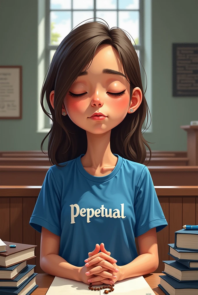 Make a caricature as a perpetualite striving to live as a perfect student, good child, righteous christian. Consider the factors that make you whole. (Make it a college girl wearing a rosary, eyes closed praying in the school chapel for guidance on her academic, put some books and school supplies with her. The girl is wearing her blue school shirt, written on it is the word "PERPETUAL")